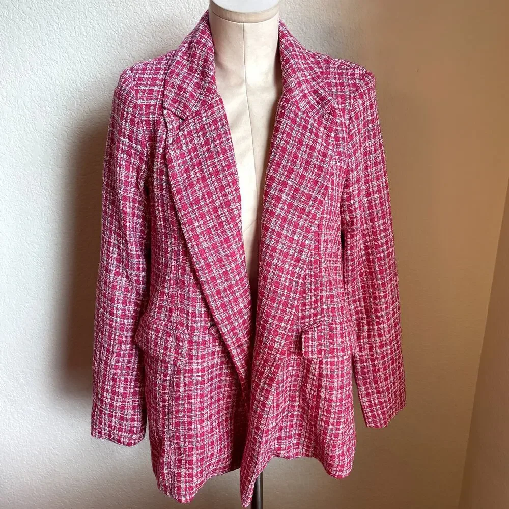Fate Tweed Magenta Pink plaid Blazer womens Medium Jacket NEW barbie casual work